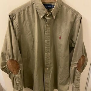 Ralph Lauren Khaki Men's Shirt with Brown Elbow Patches